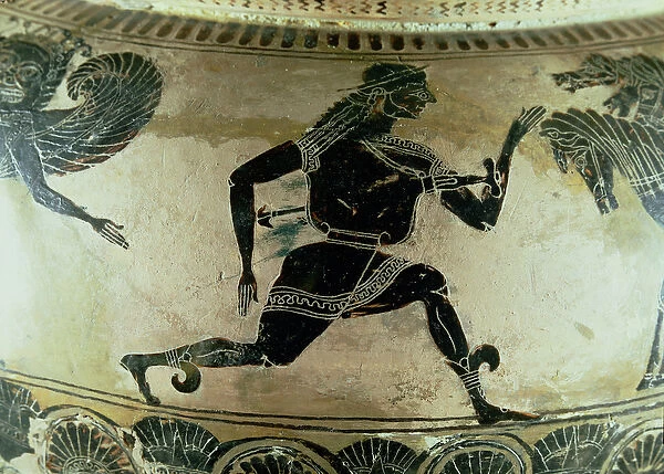 Perseus Fleeing from the Gorgons, detail from an Attic black-figure dinos, Greek, c