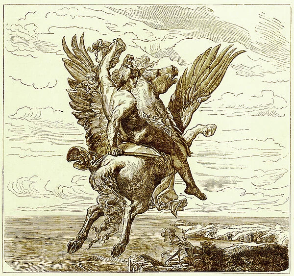 Perseus on the Winged Horse Pegasus, with Medusas Head, illustration from The Illustrated History of the World, published c. 1880 (digitally enhanced image)