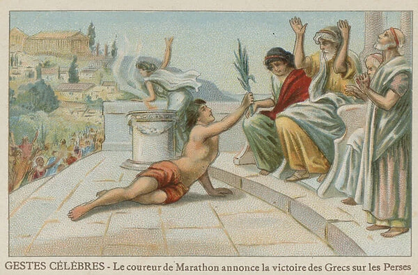 Pheidippides brings news of the victory of the Greeks over the Persians at Marathon, 490 BC (chromolitho)