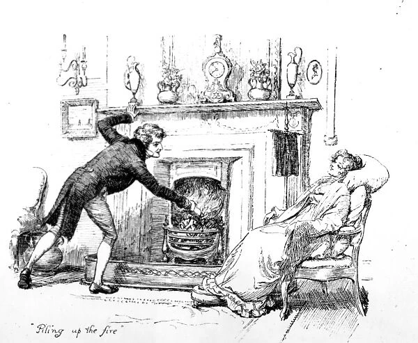 Piling up the fire, illustration to Pride & Prejudice by Jane Austen