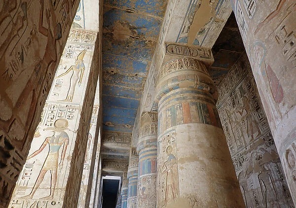 Pillars and walls decorated with low reliefs, Temple of Horus, Edfu