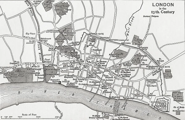 Plan of London in the 13th century, from A Short History of the English People by J