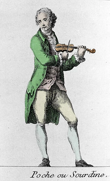 Pochette player, or Pocket, or Mute, small instrument with strings and bow