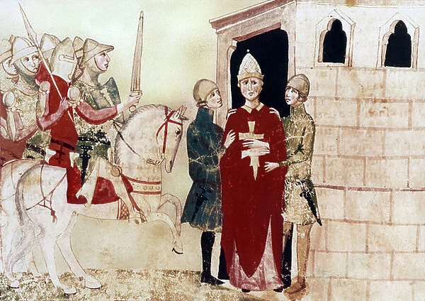 pope Boniface VIII (1294-1303) here prisoner in Anagni in 1303, illustration from 14th century manuscript