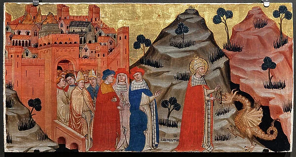 Pope St. Sylvester defeats the dragon of the tarpeian rock (tempera on panel)