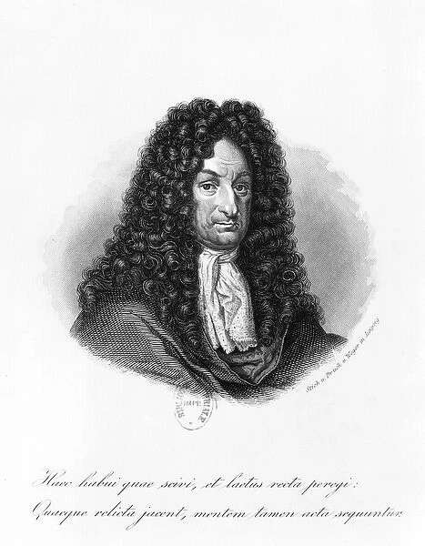 Portrait of Gottfried Wilhelm (1646-1716) Baron de Leibniz (engraving) (b  /  w photo)