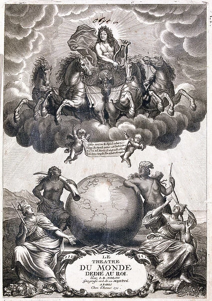 Portrait of Louis XIV, flying over a terrestrial globe, title page (Engraving, 1717)