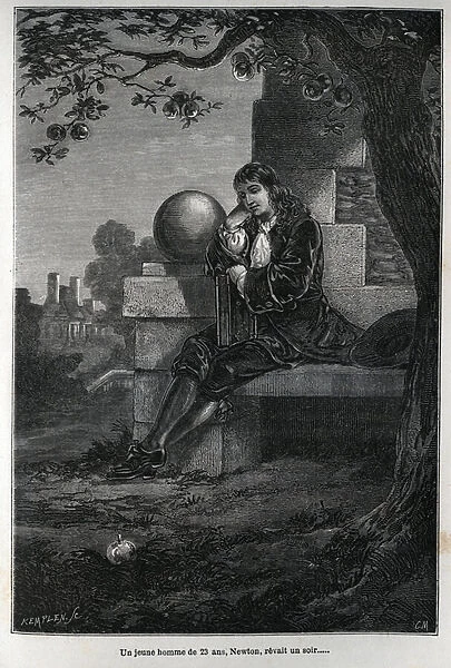 Portrait of philosopher and mathematician Isaac Newton (1642-1727): 'The 23-year-old was dreaming one evening... 'Engraving from 'Popular Astronomy'1880