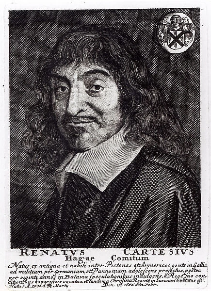 Portrait of Rene Descartes (1596-1650) (engraving) (b&w photo)