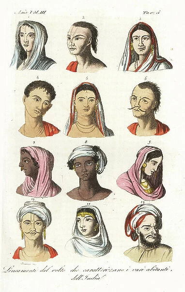 Portraits of different Indian castes: Brahmins 1. 2, Kshatriyas or Khatri, Punjabi mercantile caste 3. 4, Vaisyas 5. 6, Sudras 7. 8, Hindus of Upper India 9, 10, and Mughals 11, 12