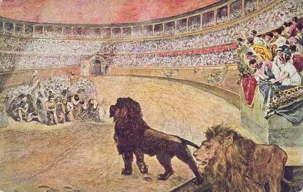 Postcard depicting christian martyrs in the arena in Rome, c. 1910 (colour litho)