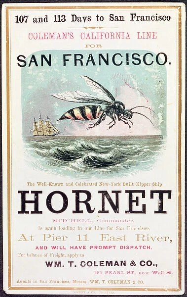 Poster advertising the Hornet clipper ship from New York to San Francisco
