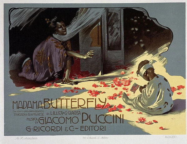 Poster for 'Madame Butterfly 'and child with American flag