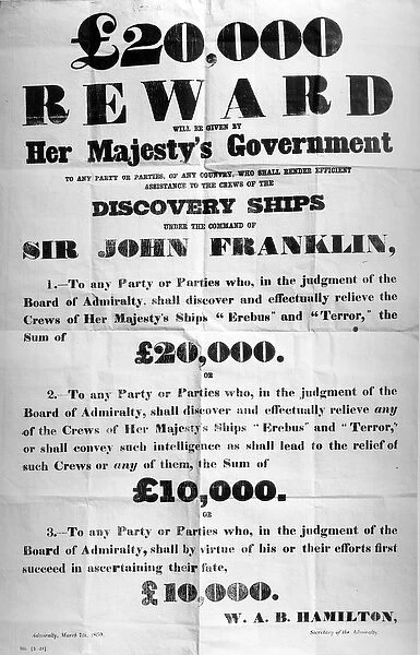 Poster offering a reward for the discovery of the lost Franklin Artic Expedition