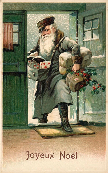 Postman with Christmas letters and parcels (chromolitho)