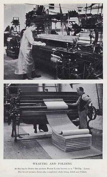 Power Loom, or Dobby Loom, and the finished cloth being dried and folded (b  /  w photo)