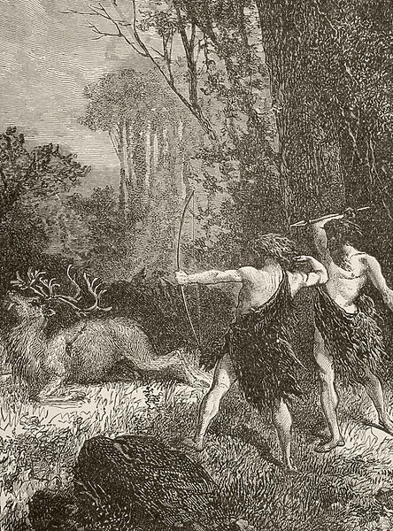 Prehistoric man hunting with bow and arrow and spear (litho)