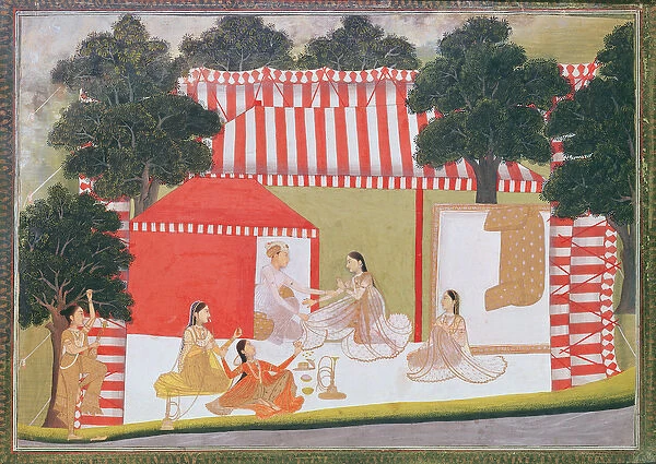 A prince trying to pull a lady into his tent; a maid and friends look on in surprise, c