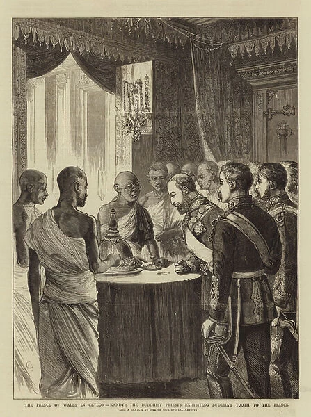 The Prince of Wales in Ceylon, Kandy, the Buddhist Priests exhibiting Buddhas Tooth to the Prince (engraving)