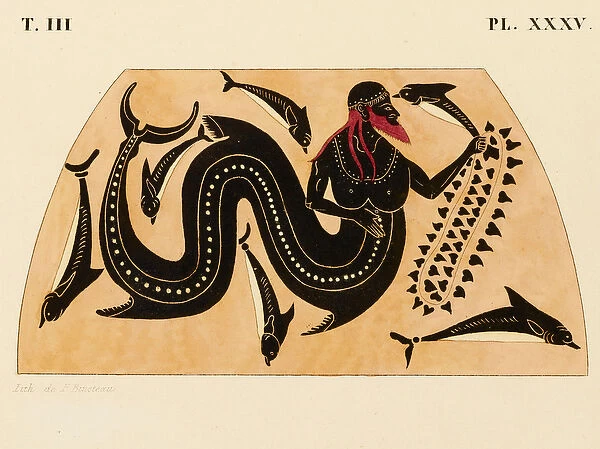 Print of the Decoration on a Greek Amphora, showing Poseidon accompanied by Dolphins, c