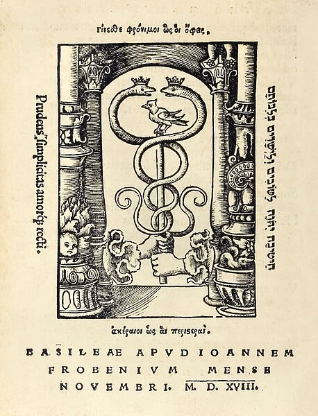 Printers mark of Johann Frobens (c. 1460 -1527) showing two hands holding