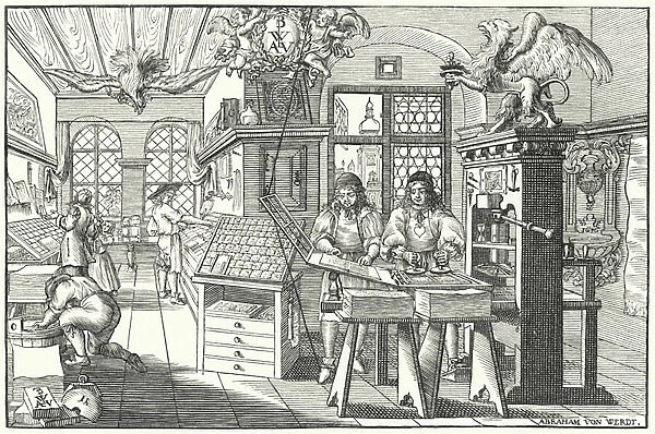 Printers workshop, 17th Century (engraving)
