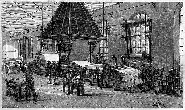Printing of a Journal: Placing Paper Pulp, 1861. Engraving in '