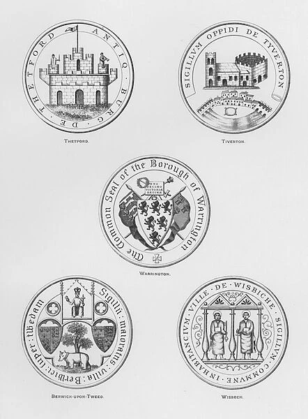 Public arms: Thetford; Tiverton; Warrington; Berwick-upon-Tweed; Wisbech (engraving)