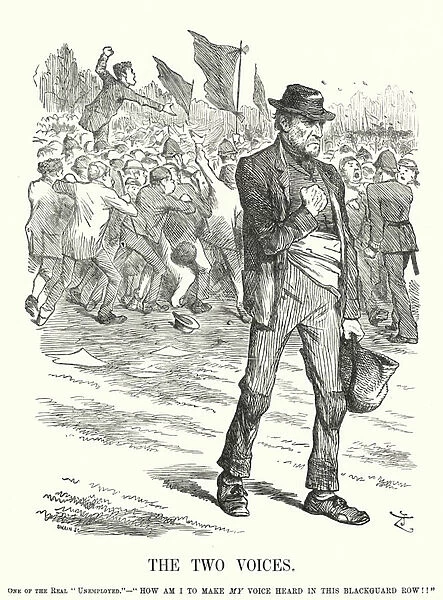 Punch cartoon: The Two Voices - unemployment and social unrest in Victorian Britain (engraving)