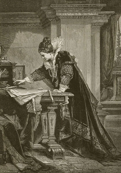 Queen Elizabeth signing the death warrant of Mary Queen of Scots, engraved by C