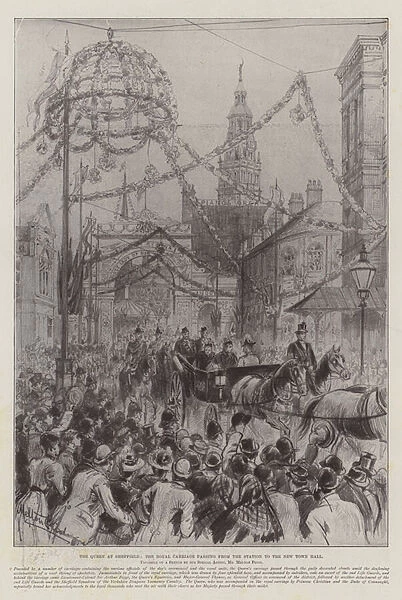 The Queen at Sheffield, the Royal Carriage passing from the Station to the New Town Hall (engraving)