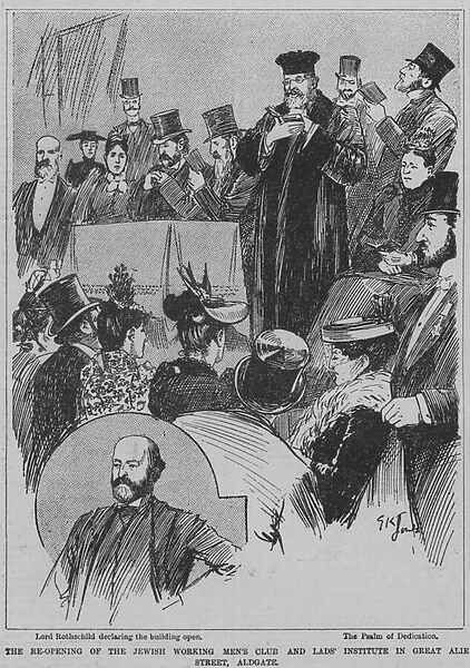 Re-opening of the Jewish Working Mens Club and Lads Institute in Great Alie Street, Aldgate, London, 1891 (engraving)