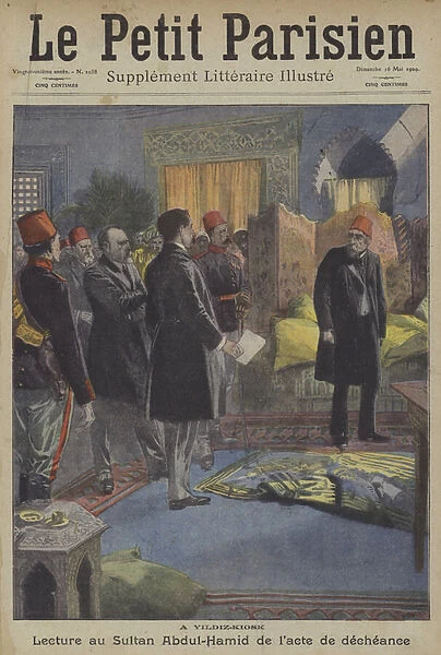 Reading of the act of deposition to Sultan Abdul Hamid II at the Yildiz Palace, Constantinople (colour litho)