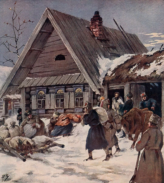 Red Army soldiers carrying out an armed requisition in a village, Russian Civil War, 1918 (colour litho)