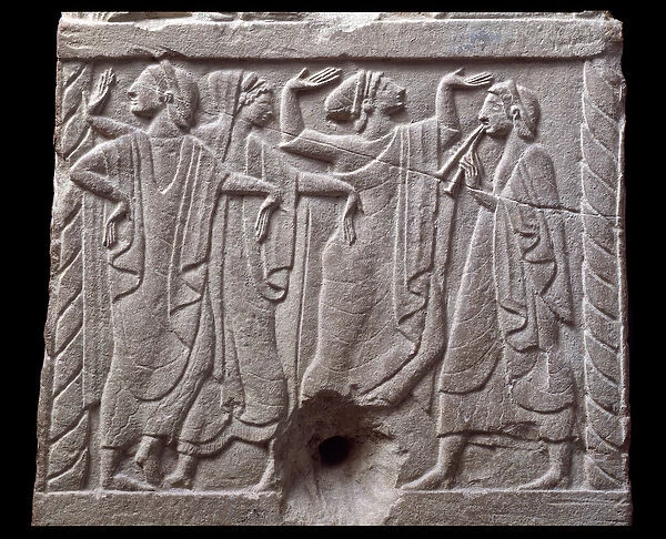 Relief with dancers from a marble milestone of Chiusi, Italy, 6th Century BC