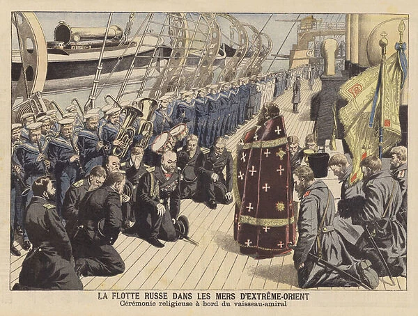Religious ceremony on board the flagship of the Russian fleet in the Far East, Russo-Japanese War (colour litho)