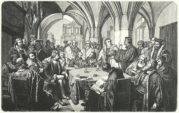 Religious debate between Martin Luther and Huldrych Zwingli at the Marburg Colloquy, 1529 (engraving)