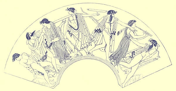 Revel by Brygos, illustration from Greek Vase Paintings by J. E. Harrison and D. S. MacColl, published 1894 (digitaly enhanced image)