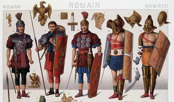 Roman gladiator costumes and warriors. 19th century chromolithography