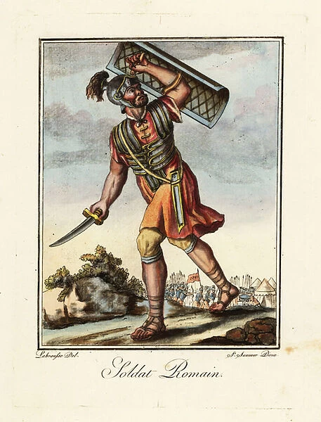 Roman soldier with scutum and gladius, ancient Rome. 1796 (engraving)