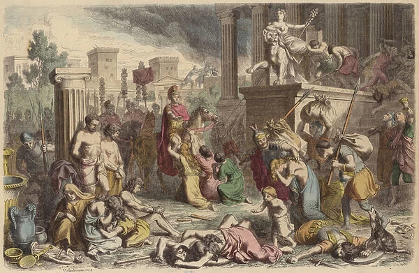 Roman soldiers looting a conquered city (coloured engraving)