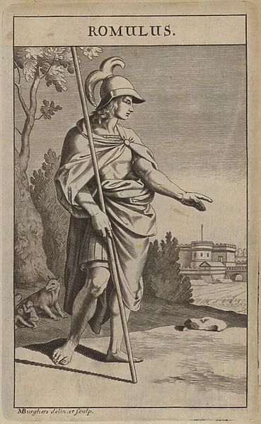 Romulus, one of the mythical twin founders of Rome (engraving)