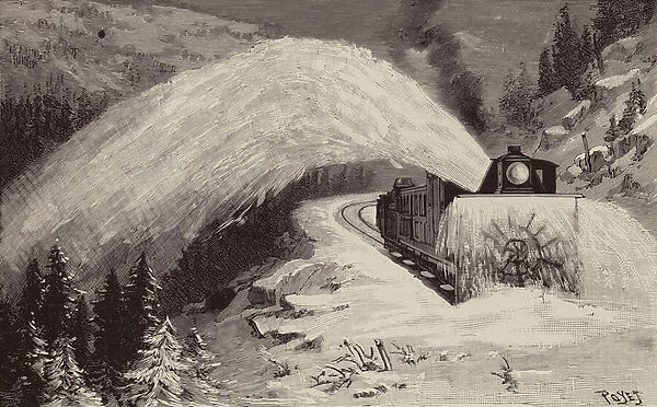 Rotary snow shifter or blower on a train (litho)