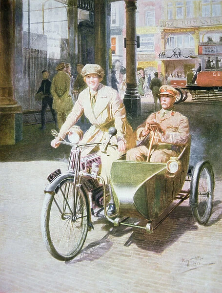 Royal Air Force female motor-cyclist at work in the Strand, London, 1918 (colour litho)