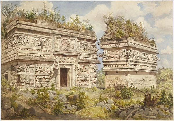 Ruins at Chichen Itza, Yucatan, Mexico Depicts east facade of Building A and Iglesia (w  /  c