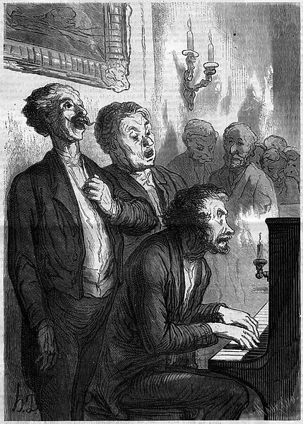 Salon singers. Cartoon by Honore Daumier (1808-1879). Engraving in '