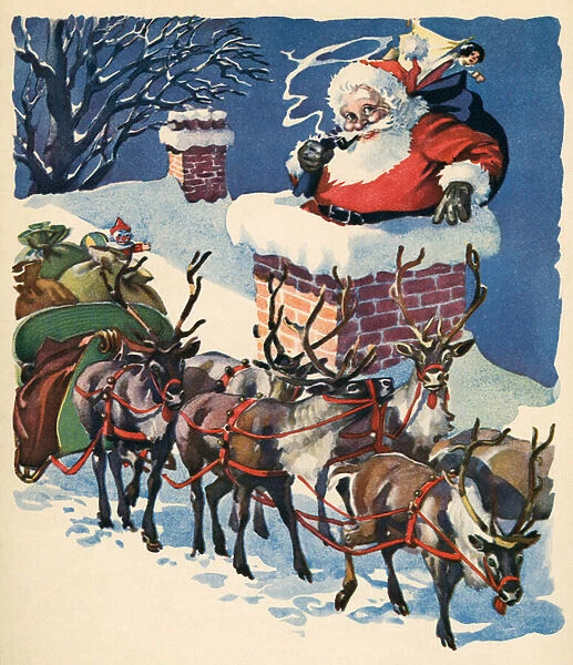 Santa Going Down a Chimney on Christmas Eve, 1935 (colour litho)