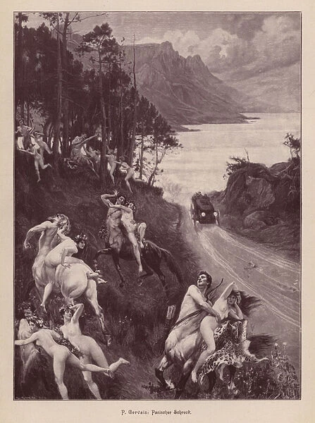 Satyrs and nymphs frightened by a motor car (engraving)