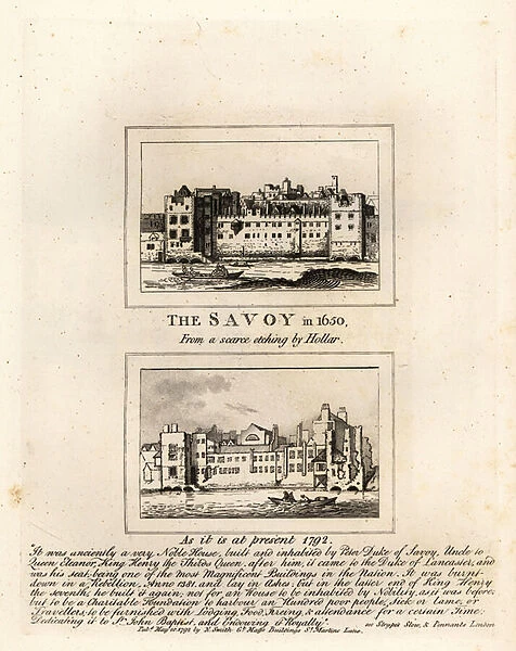 The Savoy Hospital in 1650 from a print by Wenceslaus Hollar and in ruins in 1792