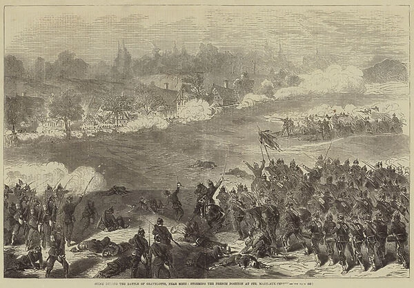 Scene during the Battle of Gravelotte, near Metz, storming the French Position at Sainte Mary-aux-Chenes (engraving)